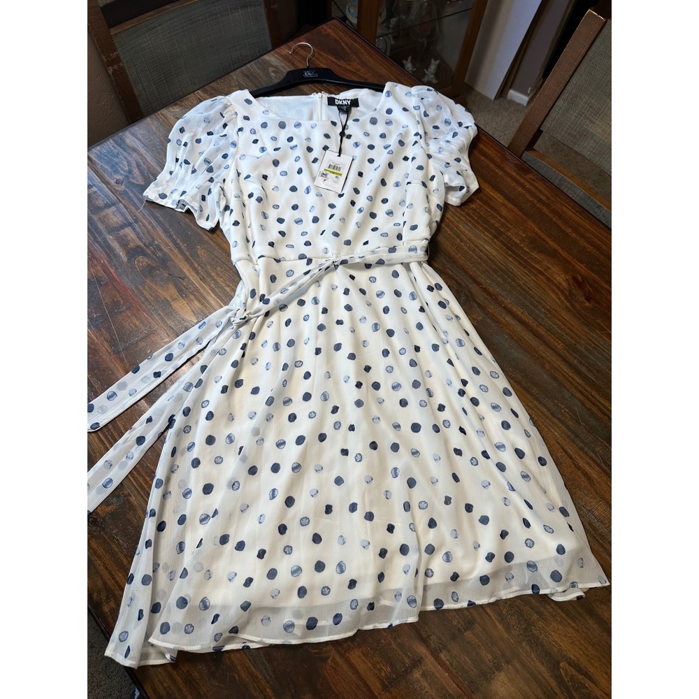 DKNY White Midi Dress with Navy Polka Dots